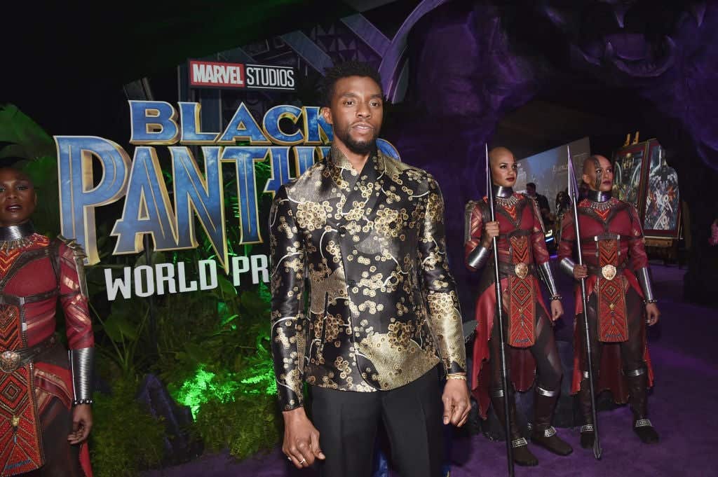 Chadwick Boseman on the purple carpet at the Black Panther premiere