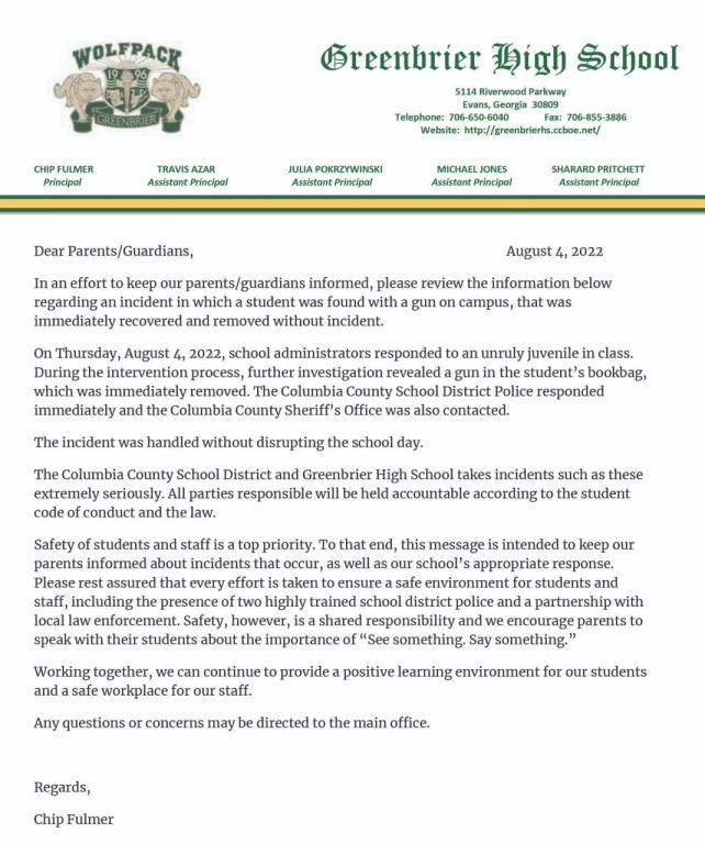 GHS Letter to Parents